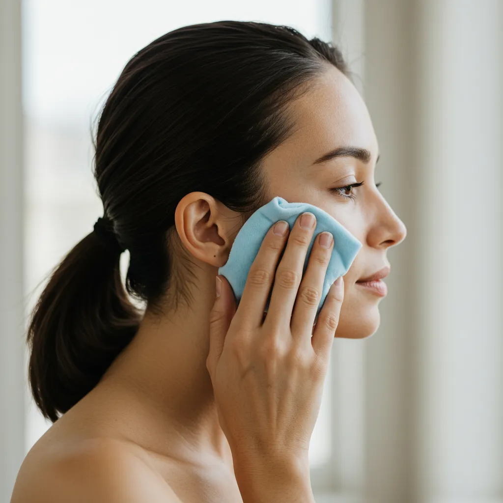 Application d'une compresse froide sur le visage pour soulager les boutons de chaleur