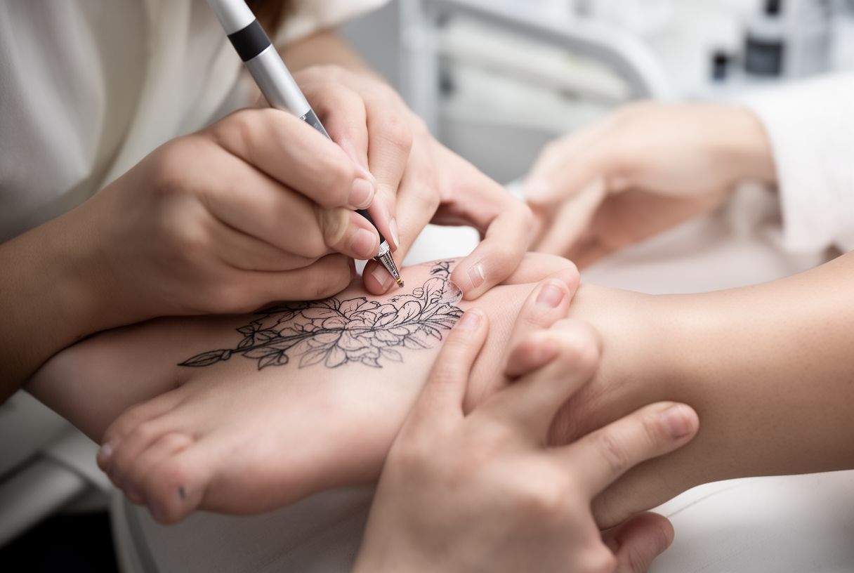 Tatoueur réalisant un motif délicat sur le pied d'une cliente en studio