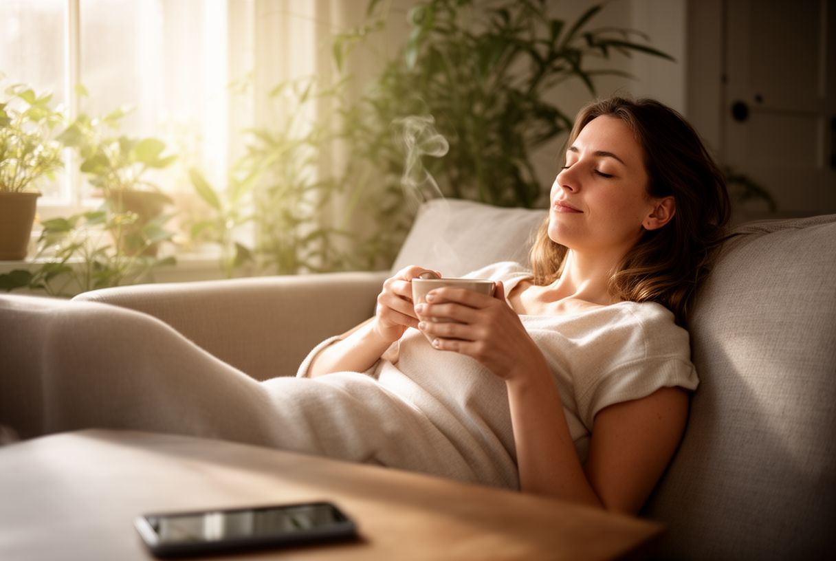 Femme qui se repose paisiblement sur son canapé avec une tasse de thé