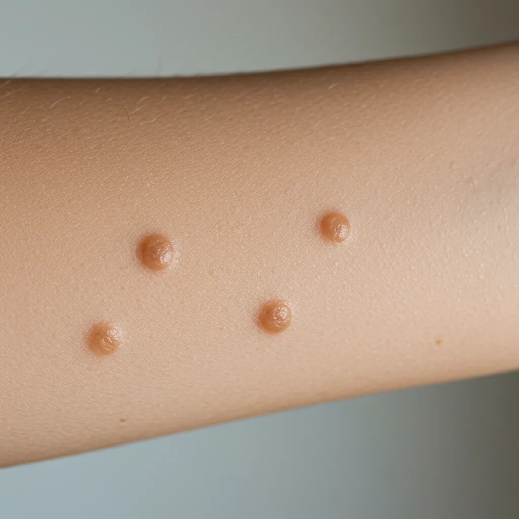 Gros plan sur un avant-bras présentant plusieurs grains de beauté de tailles et teintes variées, illustrant la diversité des nævi