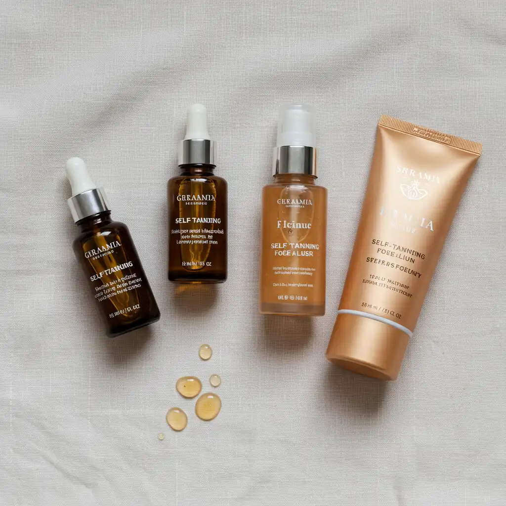 Vue de dessus des quatre formats d'autobronzant visage : gouttes, sérum, brume et fluide disposés sur lin blanc