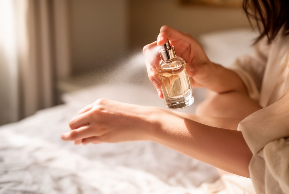 Une femme vaporise du parfum sur son poignet dans une lumière naturelle