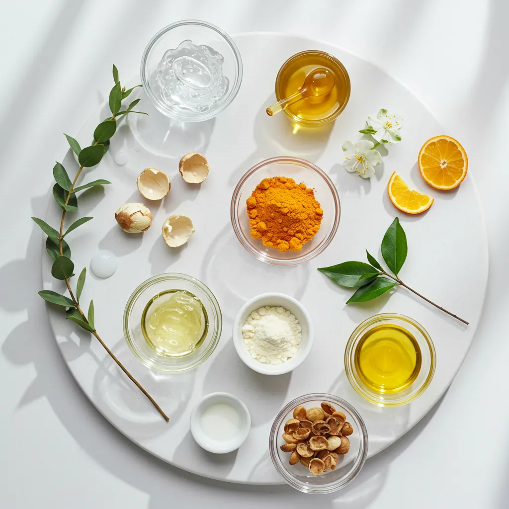 Ingrédients cosmétiques naturels disposés en flat lay pour illustrer l'analyse des compositions INCI