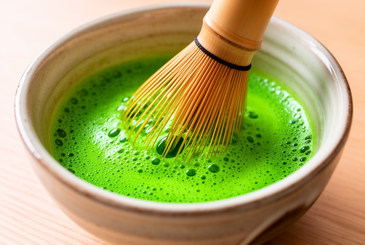 Matcha vert fouett&eacute; dans un bol chawan avec un fouet en bambou chasen