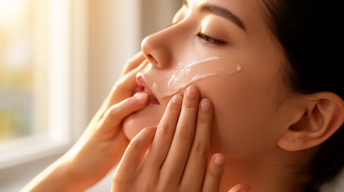 Application délicate d'un soin sur le visage montrant la bonne technique pour éviter les marques