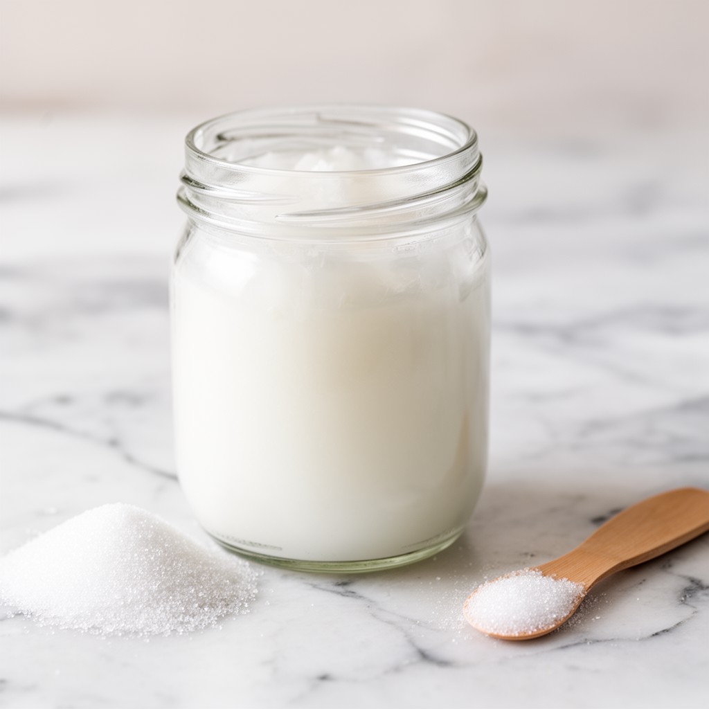 Pot en verre d'huile de coco solide et sucre fin sur un plan en marbre