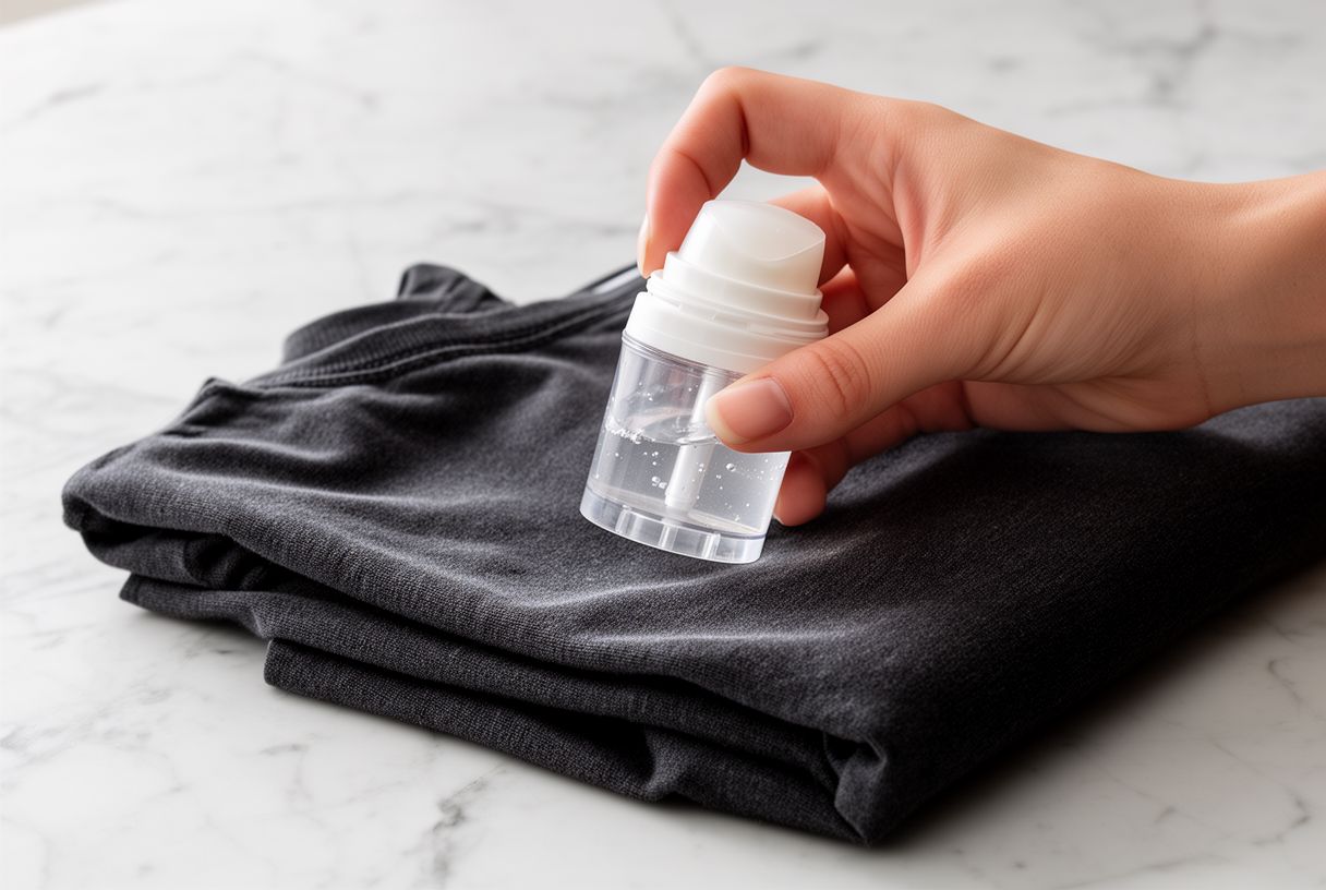 Application d'un déodorant transparent près d'un tee-shirt foncé posé sur une surface claire