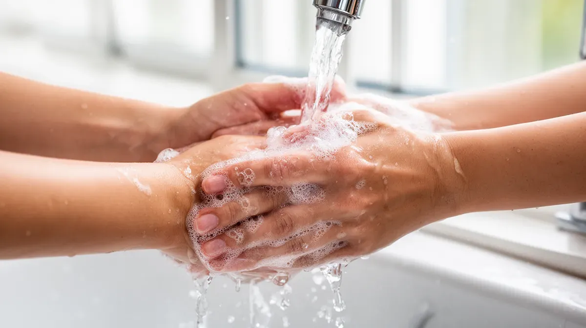 Gros plan des mains se lavant au savon et à l'eau illustrant l'hygiène oculaire essentielle