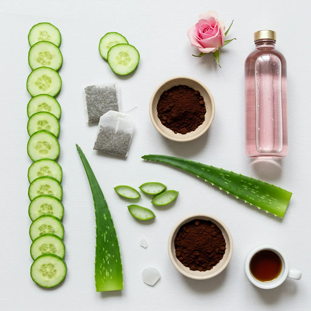 Ingrédients naturels pour atténuer les cernes : concombre, thé vert, marc de café et aloe vera