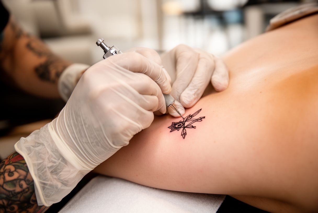 Un tatoueur réalise un micro-tatouage fin sur l'avant-bras d'une cliente