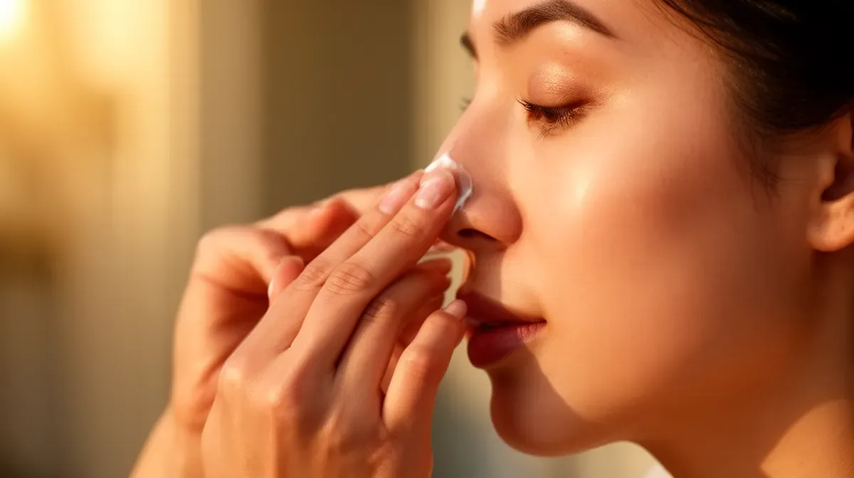 Application d'un soin exfoliant sur la zone du nez lors d'une routine beauté