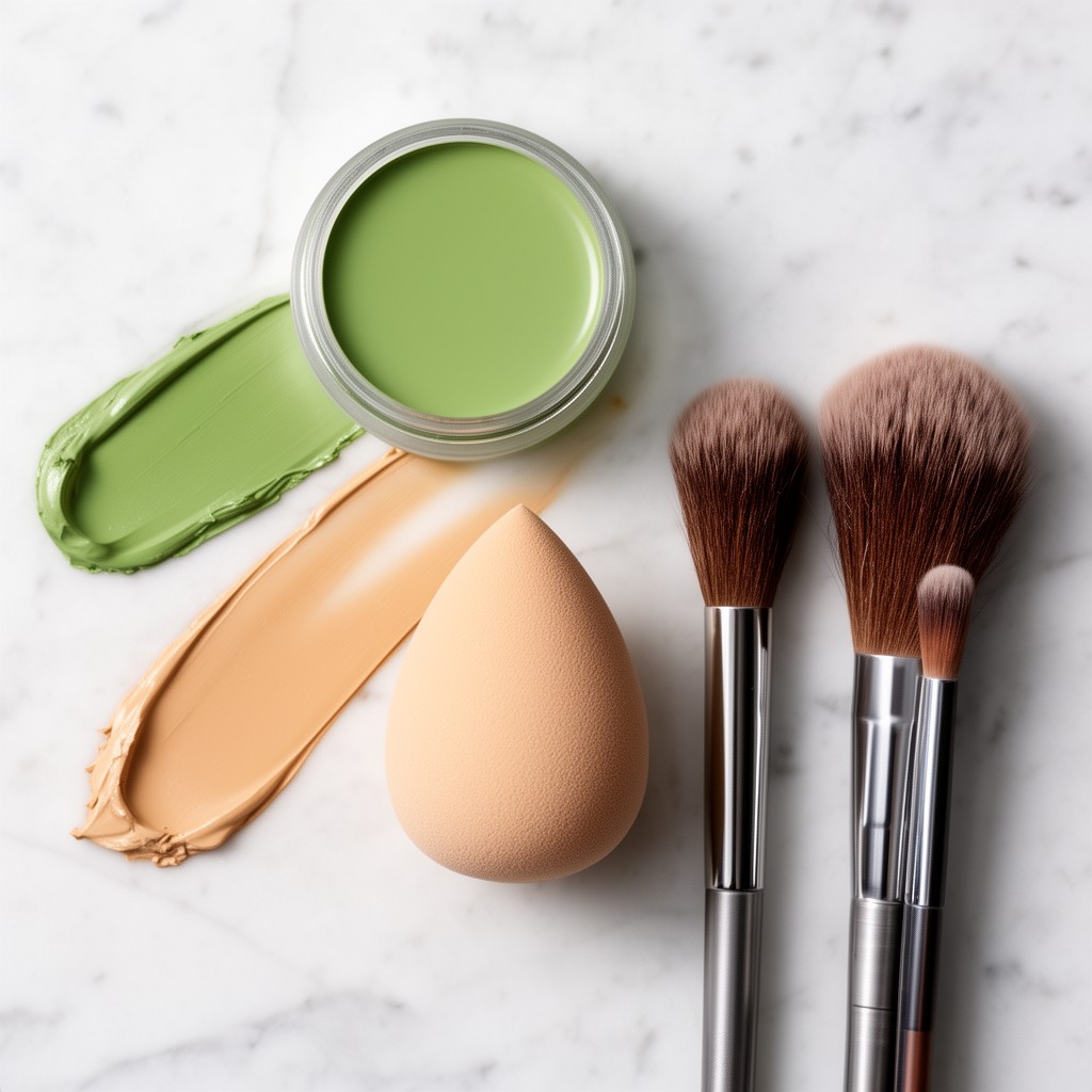 Correcteur vert, fond de teint et éponge de maquillage disposés sur un plan en marbre