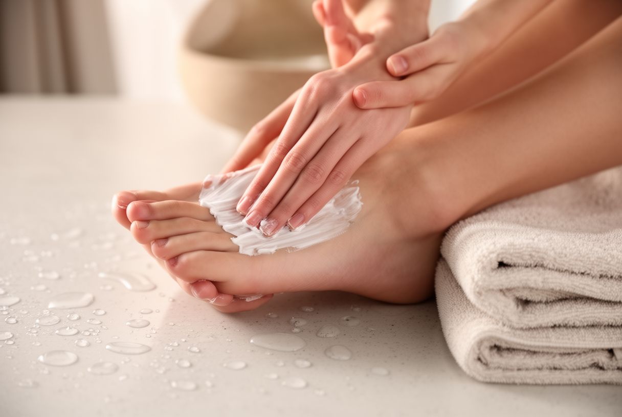 Application d'une crème hydratante sur un pied lors d'un soin à la maison