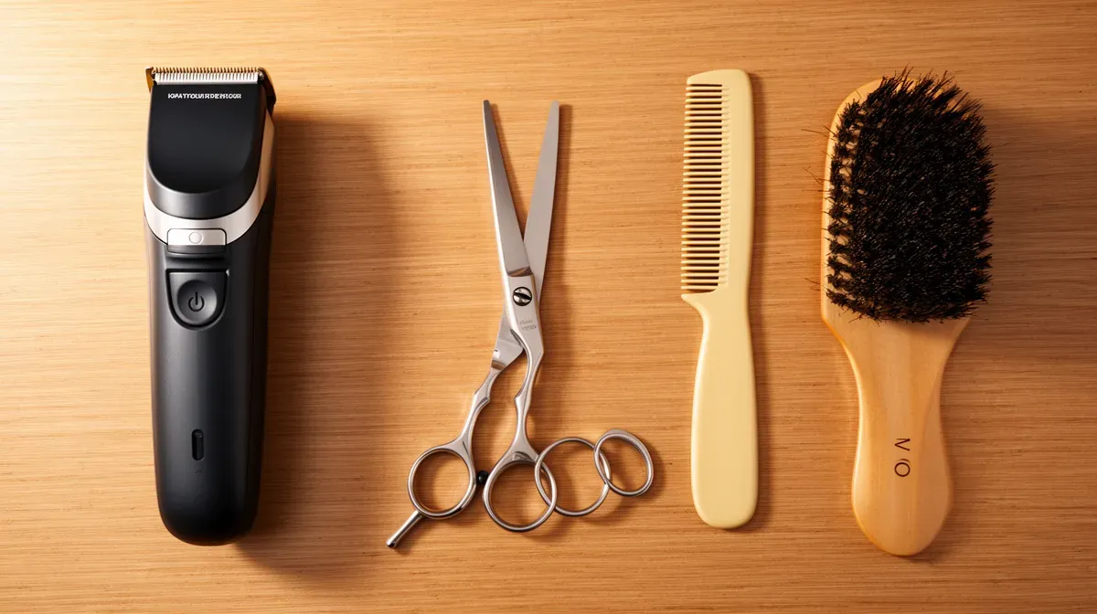 Vue de dessus des outils essentiels pour tailler et structurer une barbe longue