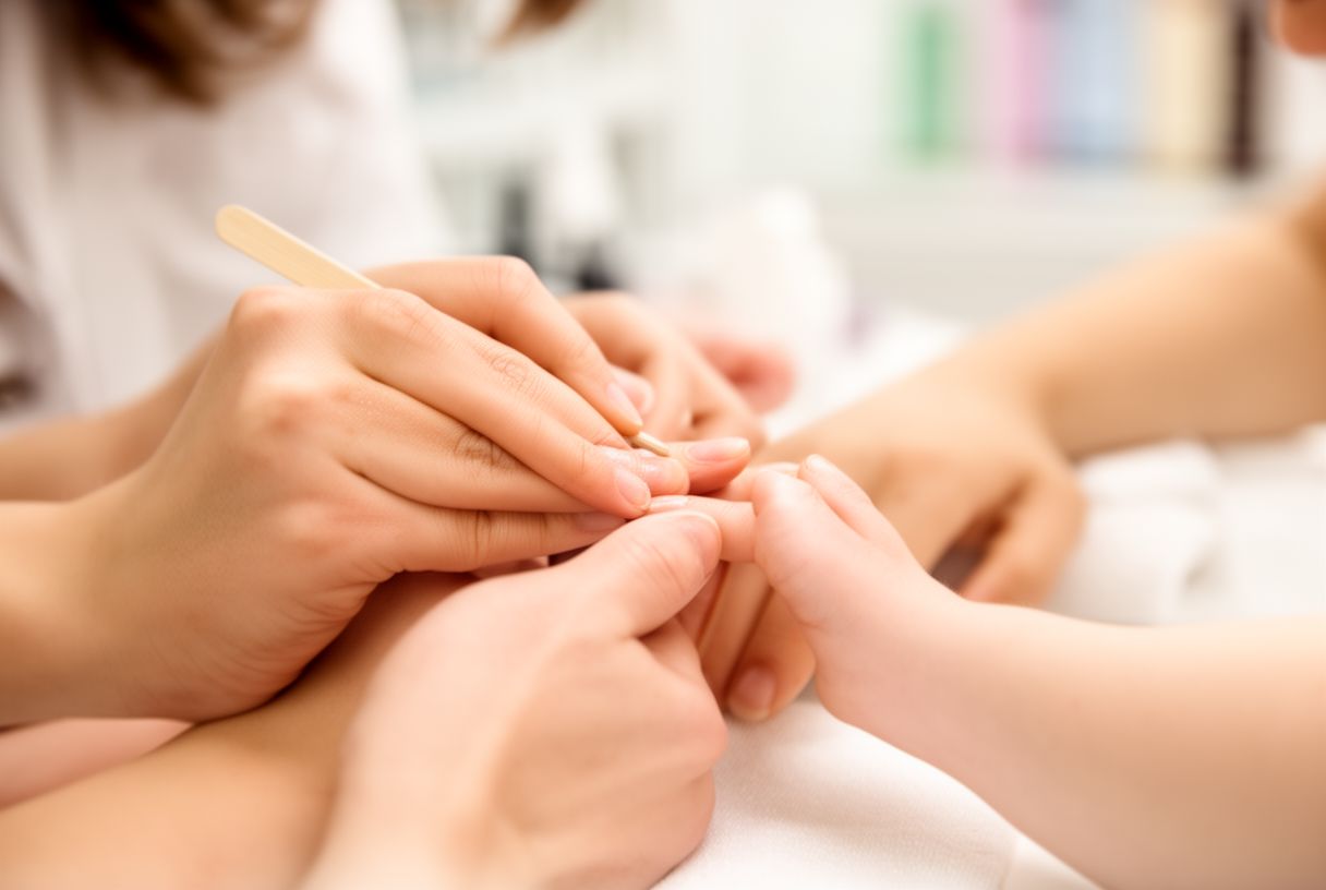 Une manucure repousse délicatement les cuticules d'une cliente en institut