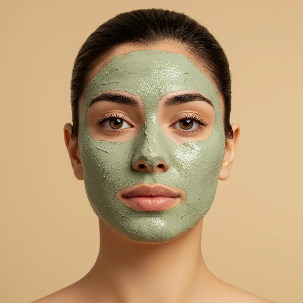 Application d'un masque à l'argile verte sur le visage en évitant le contour des yeux et des lèvres