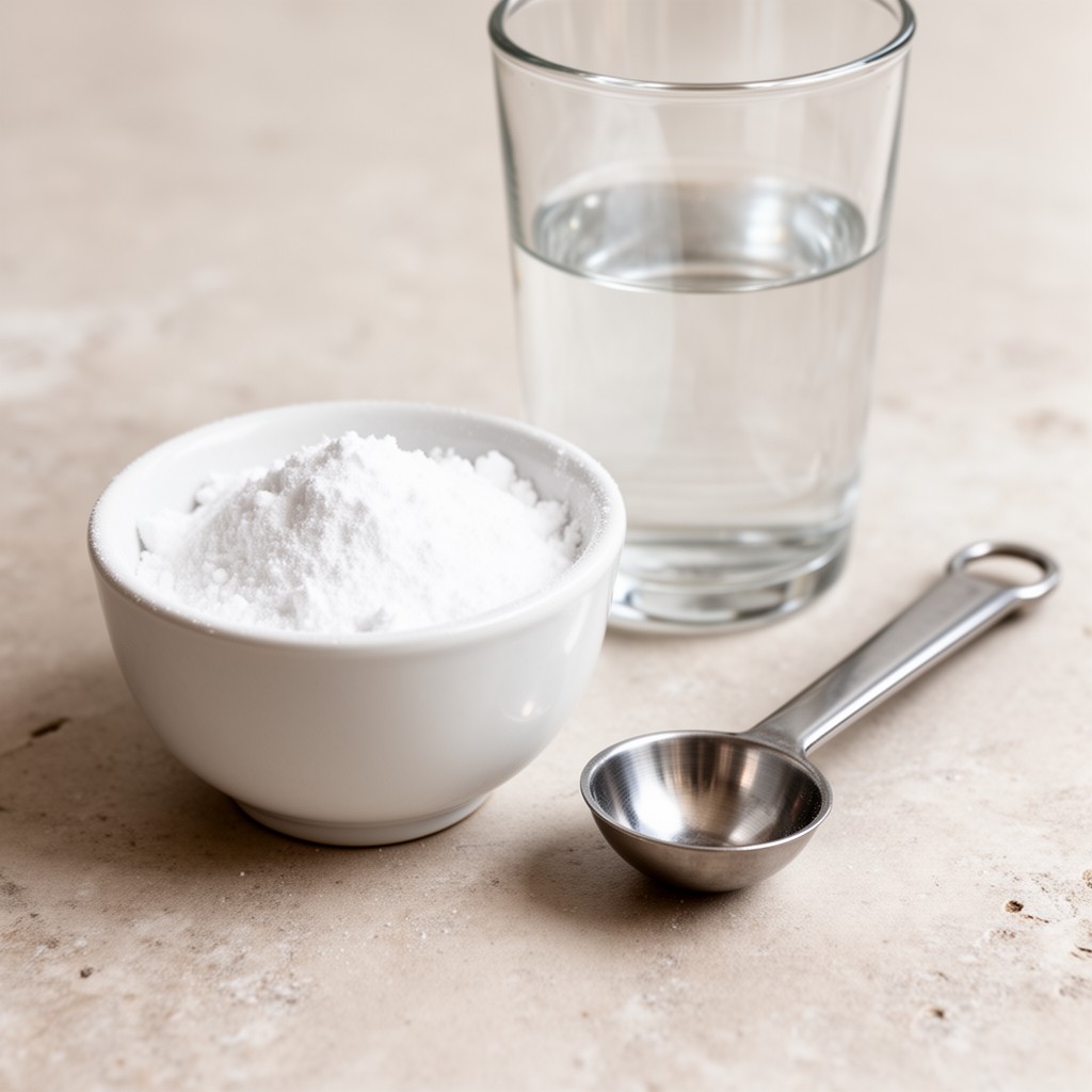 Bol de bicarbonate de soude et cuillère doseuse sur un plan clair