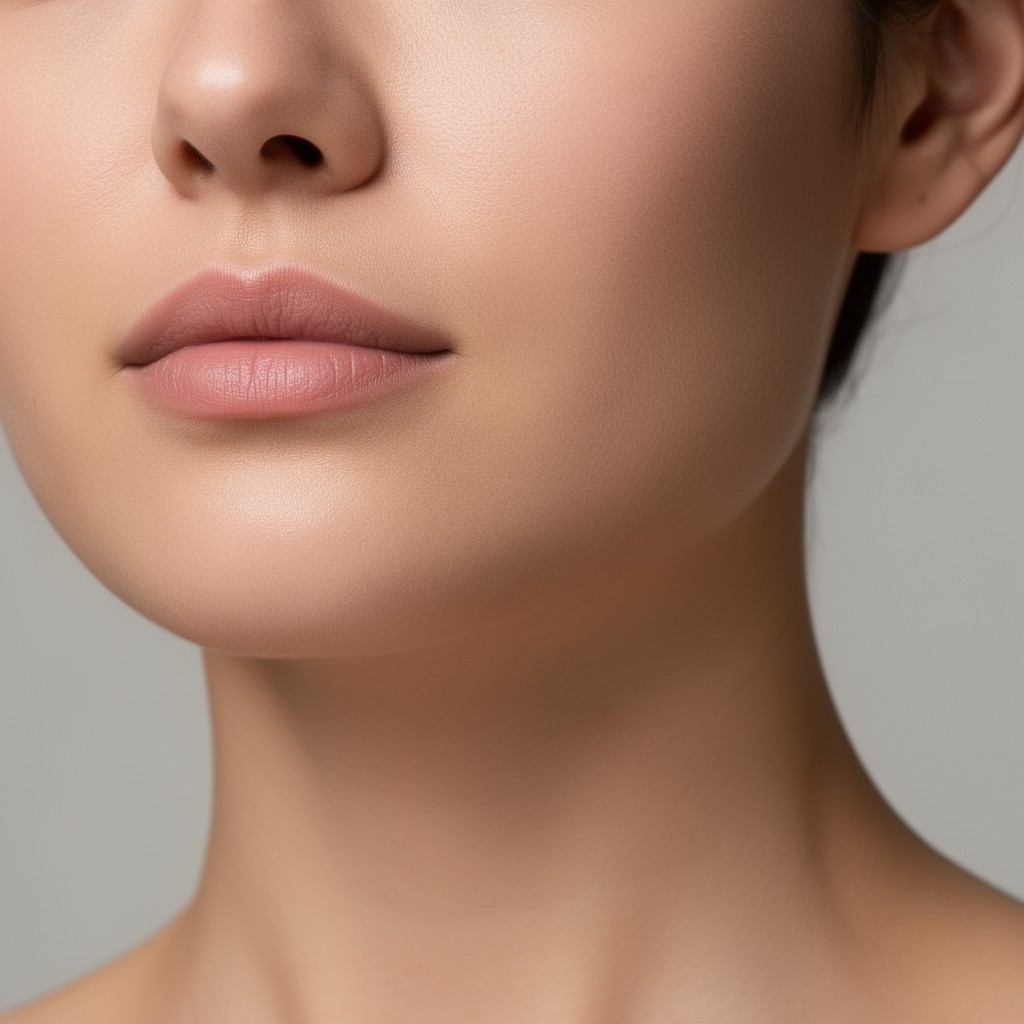 Macro de la ligne du menton et du cou d'une femme de profil