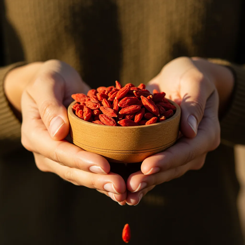 Mains tenant un bol de baies de Goji séchées évoquant les bienfaits anti-âge et l'éclat cutané