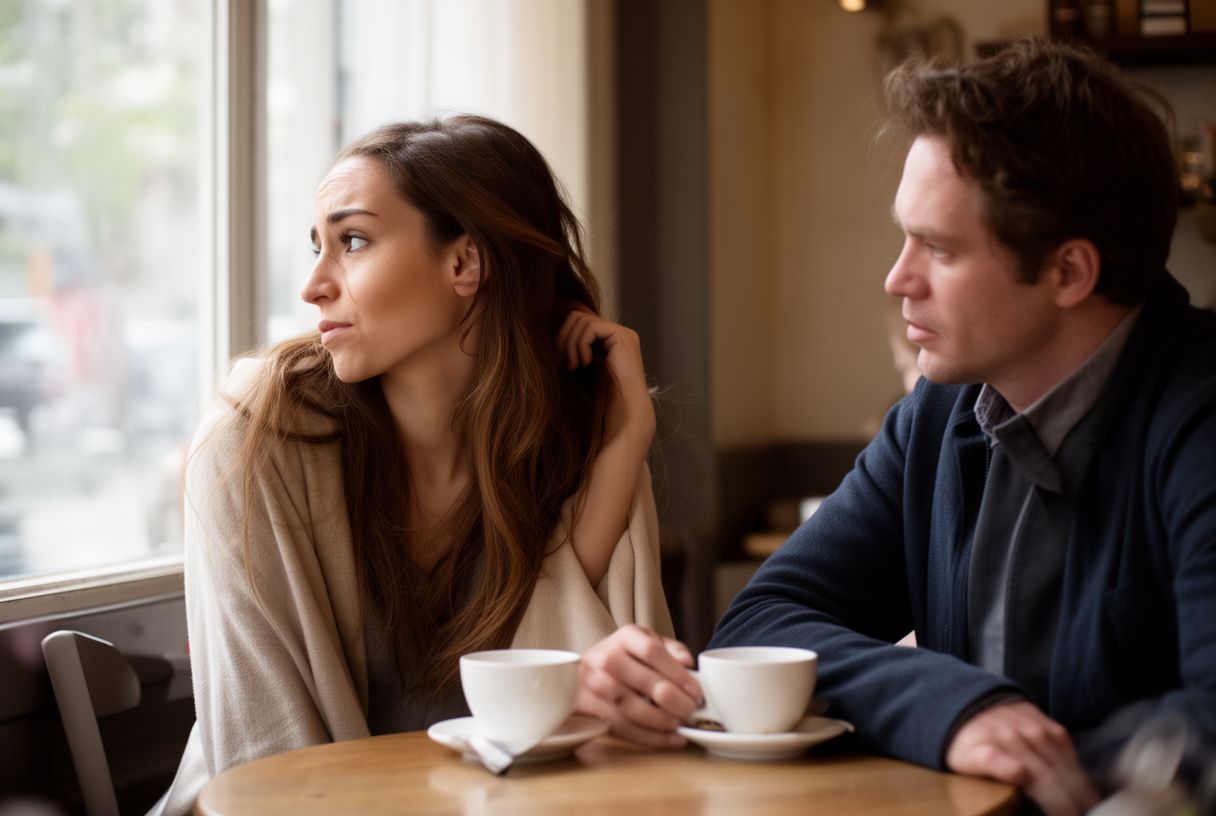Une femme touchant ses cheveux, l'air agacée, lors d'une conversation à table