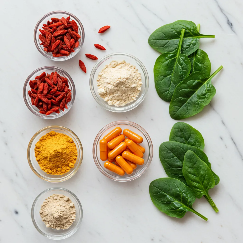 Vue de dessus d'une composition de baies de Goji séchées et de nutriments clés pour la peau sur marbre blanc