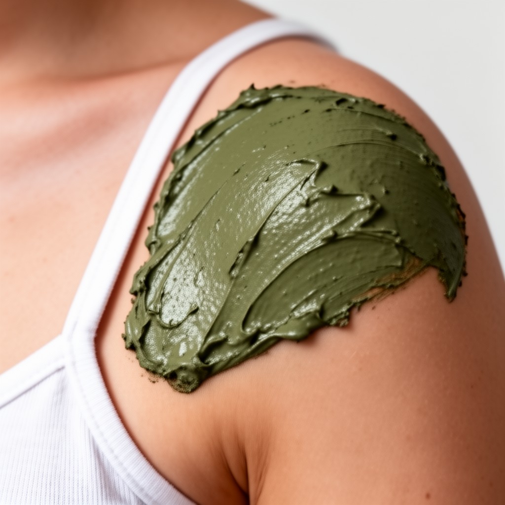 Couche épaisse d'argile verte appliquée sur la peau d'une épaule