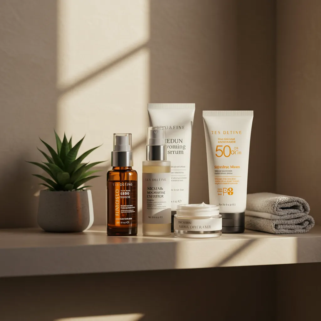 Routine de soins visage minimaliste posée sur une étagère de salle de bain dans une lumière dorée du matin
