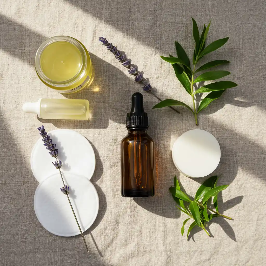 Mise en place de préparation d'huiles essentielles avec huile végétale et ingrédients naturels