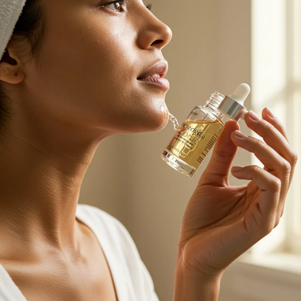 Application d'un sérum à l'argireline sur la peau du visage lors d'une routine beauté matinale