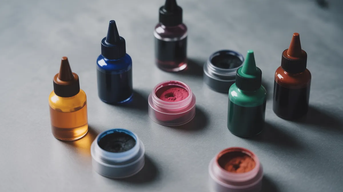 Encres de tatouage professionnelles et pigments de couleur en gros plan