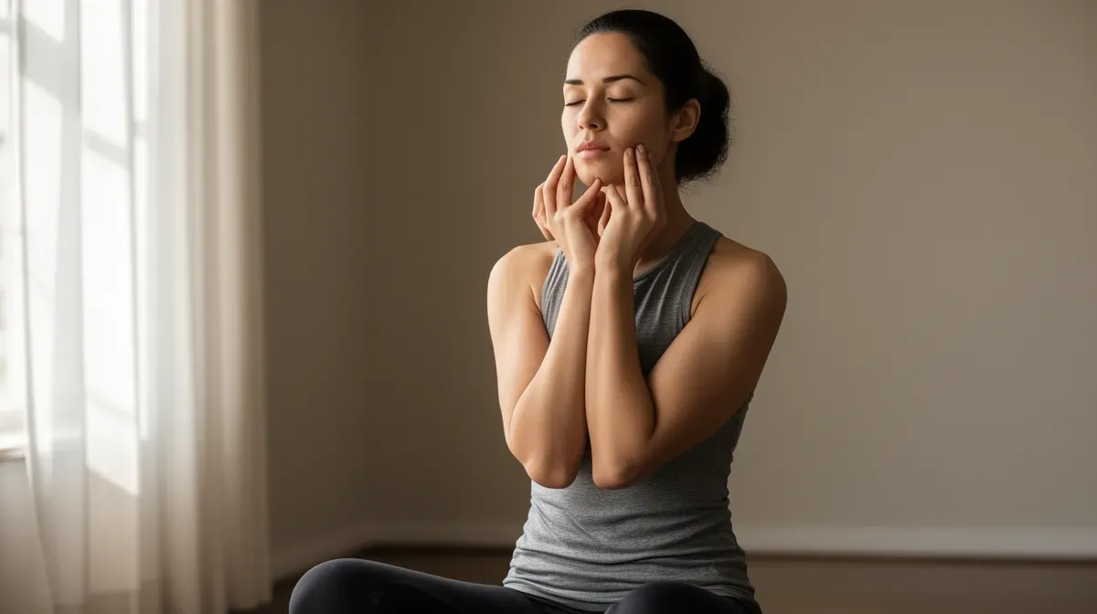 Personne en position assise avec une posture correcte effectuant les exercices de gym faciale quotidiens