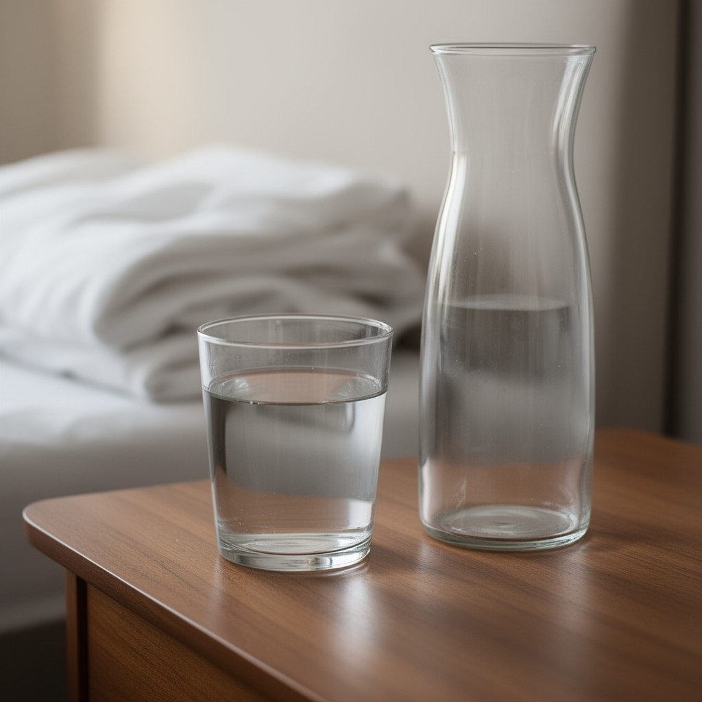 Verre d'eau et carafe posés sur une table de nuit en bois près d'un lit