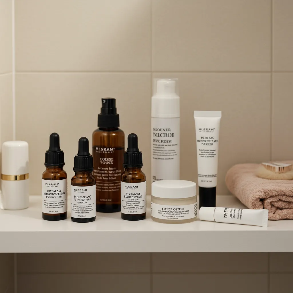 Étapes d'une routine soins visage complète : sérum, tonique, crème hydratante et contour des yeux disposés dans l'ordre d'application