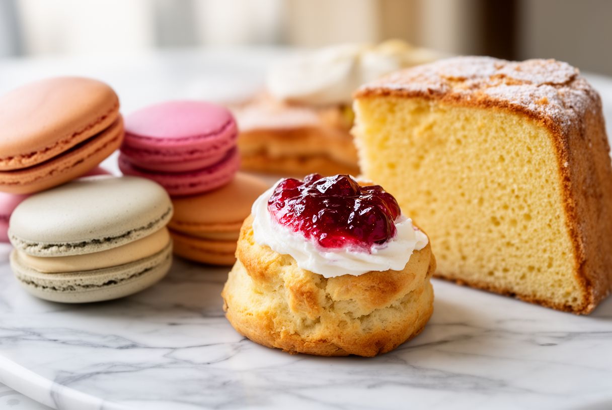 Assortiment de pâtisseries disposées sur un plan de marbre en lumière naturelle
