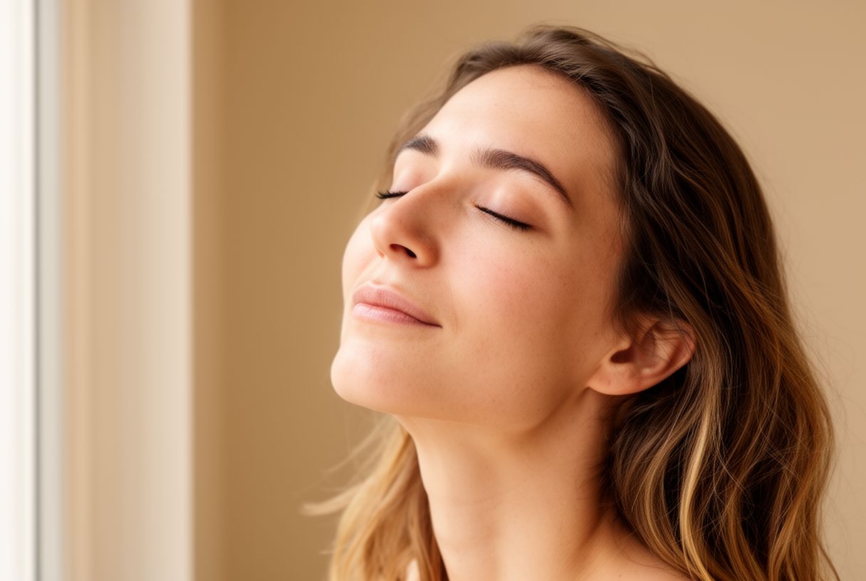 Une femme au visage naturel, détendue, profite d'un moment de confort près d'une fenêtre