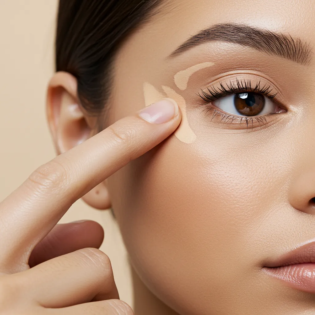 Démonstration technique de l'application du contour des yeux avec l'annulaire, du coin interne vers la tempe