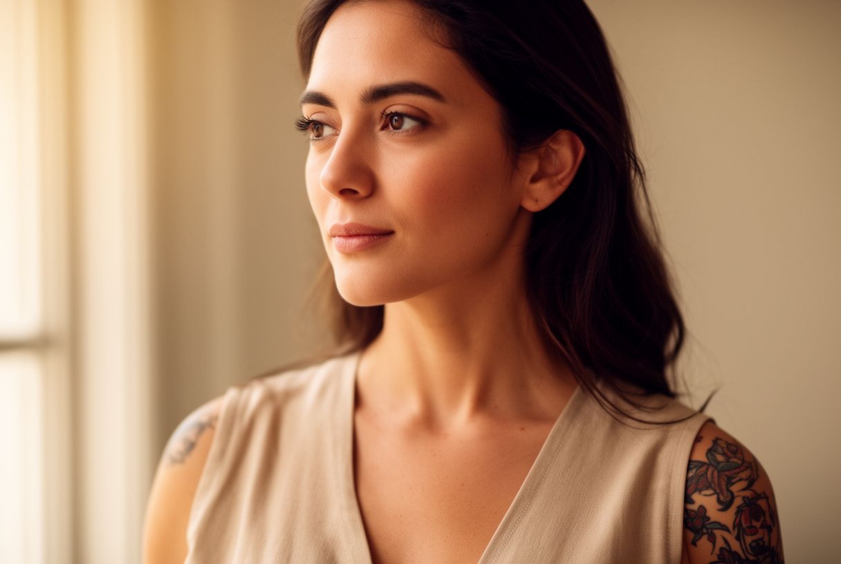 Portrait d'une femme sereine avec un tatouage sur l'épaule en lumière douce