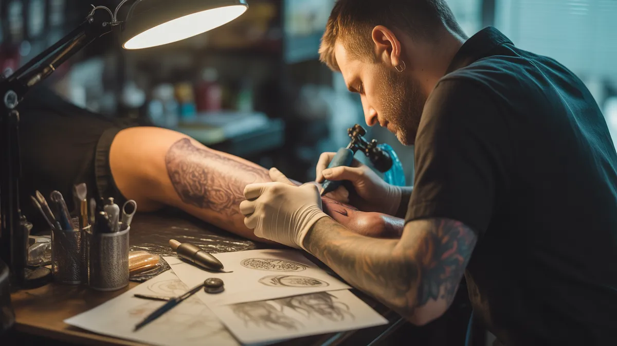 Atelier de tatoueur en action lors d'une séance de tatouage soleil avec outils professionnels