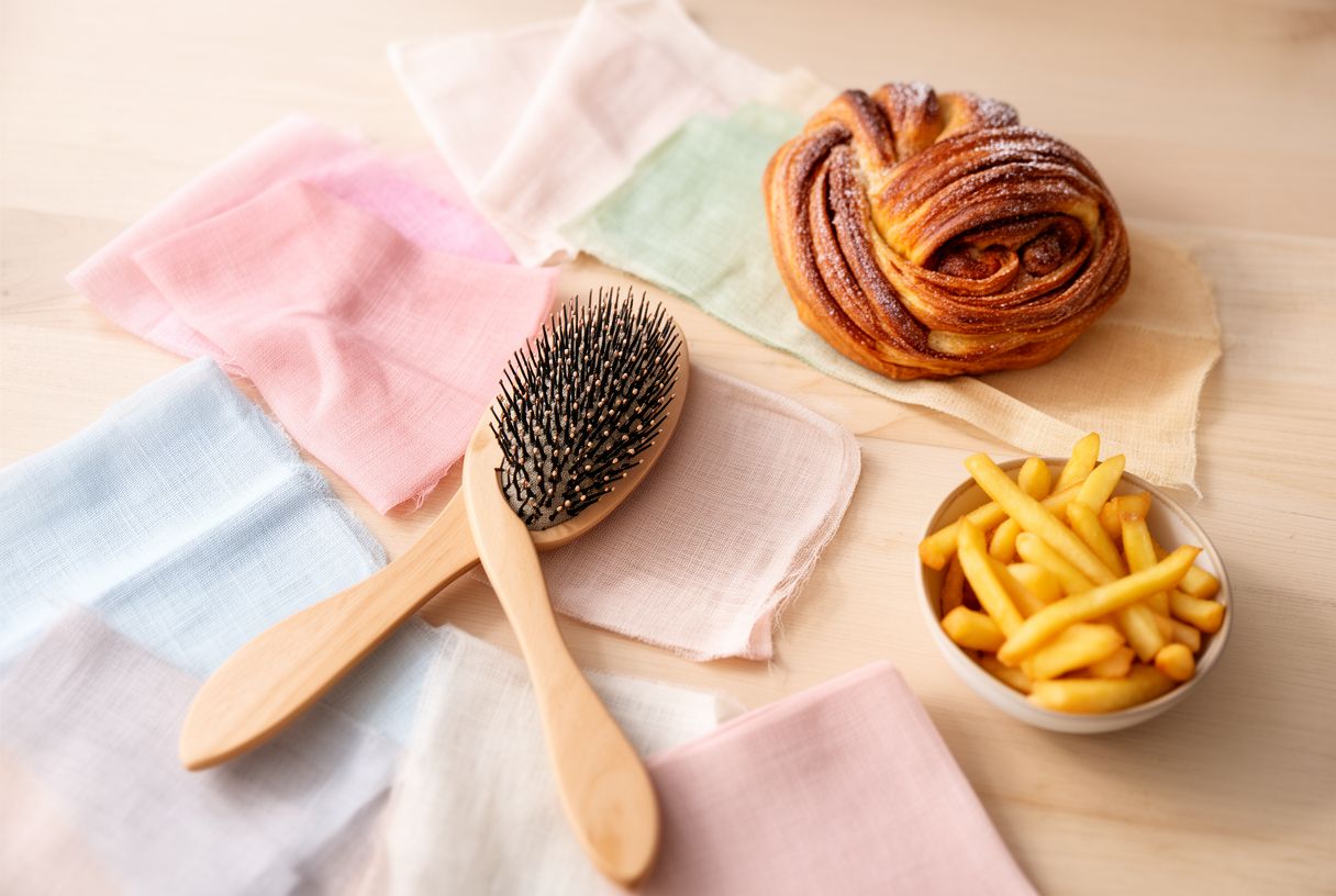 Composition inspirante mêlant textiles pastel, coiffure, douceur sucrée et snack salé sur une table claire