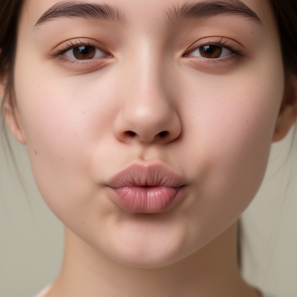 Macro des joues d'une femme pendant un exercice facial, bouche en légère contraction