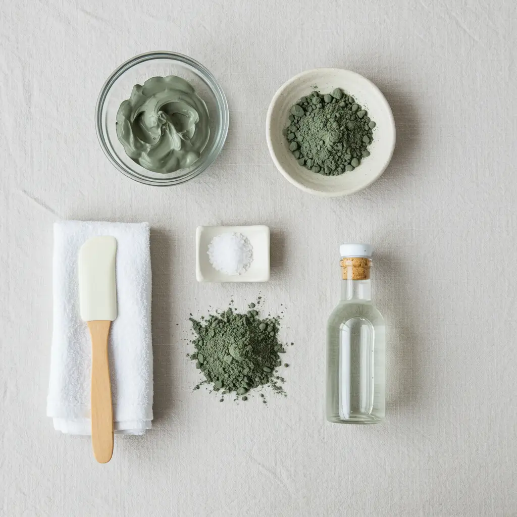 Matériel nécessaire pour préparer un cataplasme à l'argile verte : bol en verre, spatule en bois, linge propre et eau de source