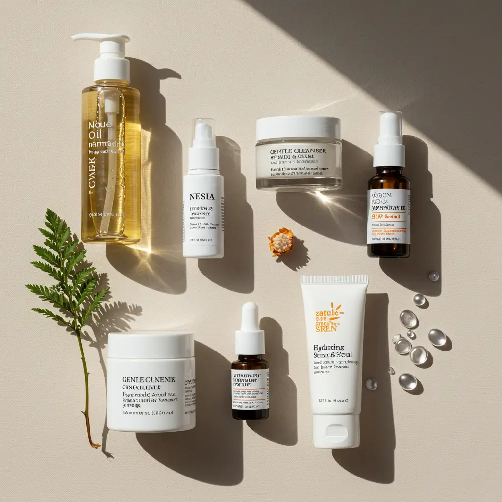 Produits de soins de la peau disposés pour une routine complète en 5 étapes