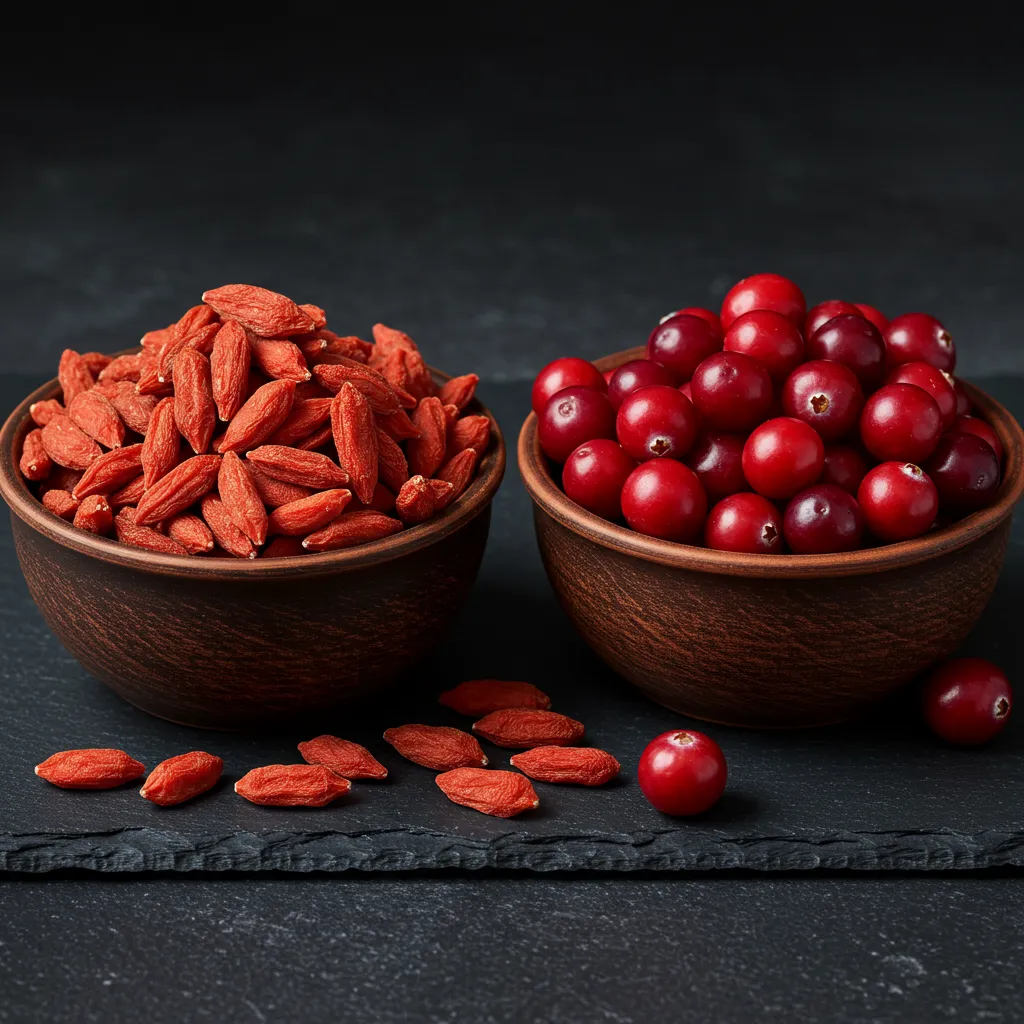 Comparaison de baies de Goji et de canneberges dans des bols en céramique illustrant leur pouvoir antioxydant respectif