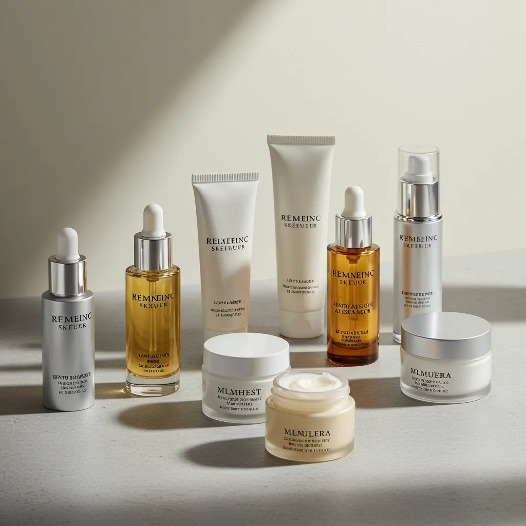 Comparaison de différents actifs anti-âge et soins cosmétiques disposés côte à côte sur une surface en pierre