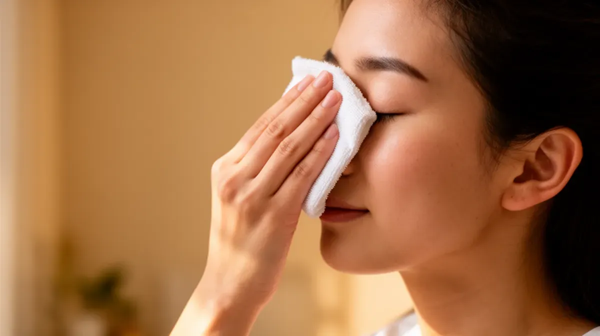 Application d'une compresse froide sur les yeux fermés pour soulager la conjonctivite allergique