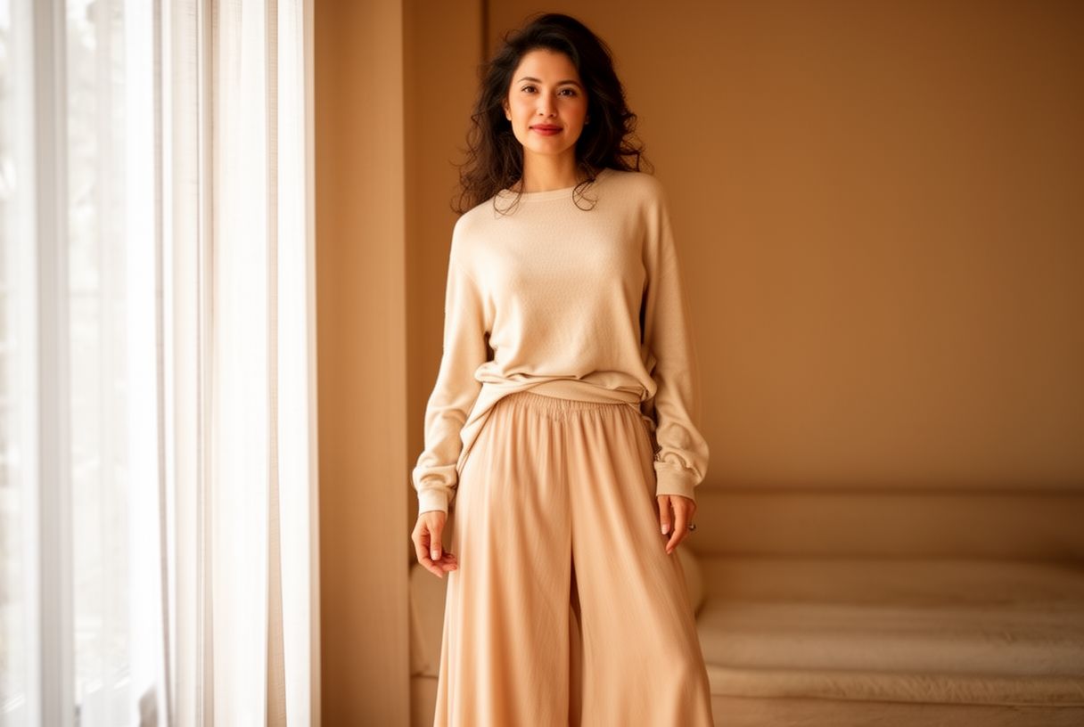 Femme en tenue souple et confortable, posture détendue près d'une fenêtre