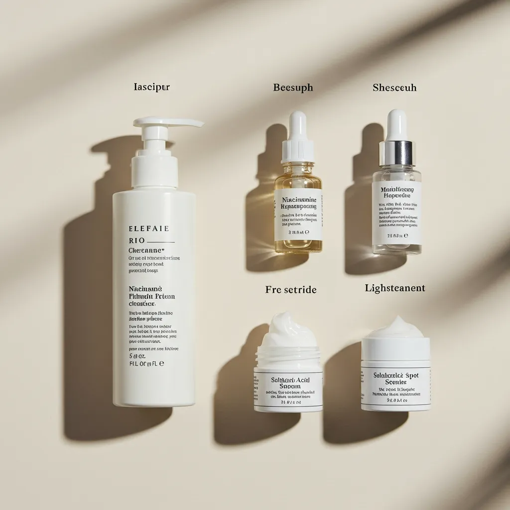 Routine skincare adaptée à l'acné hormonale du menton avec soin nettoyant, sérum et hydratant disposés en ordre d'application