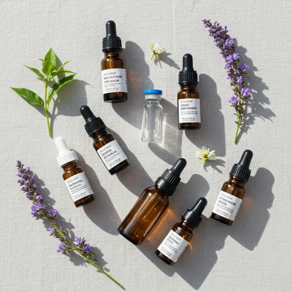 Actifs cosmétiques clés pour traiter les points noirs en profondeur : acide salicylique, niacinamide et rétinol en flacons