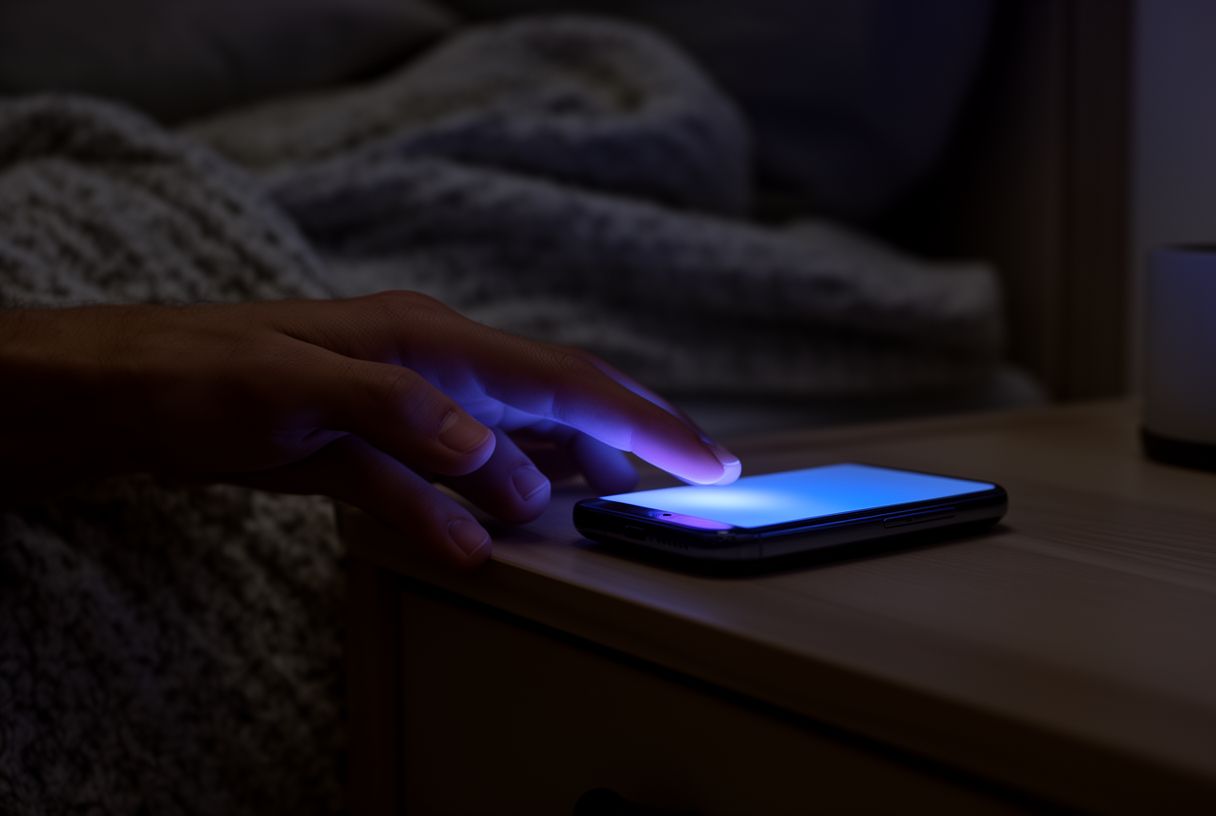 Main attrapant un téléphone allumé sur la table de chevet en pleine nuit