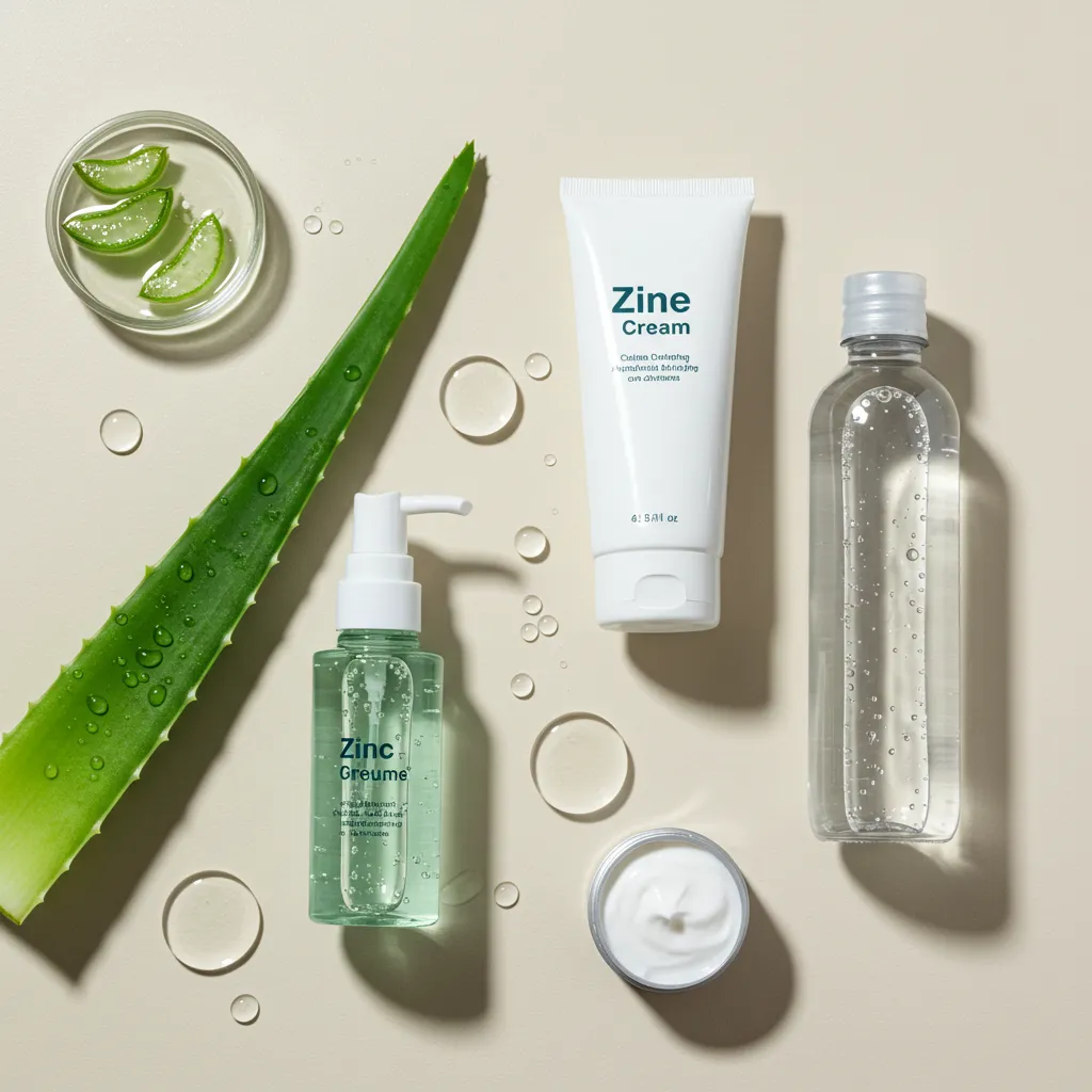 Ingrédients actifs naturels pour apaiser les boutons de chaleur : aloe vera, zinc et eau thermale